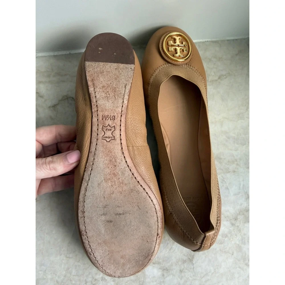 Tory Burch Caroline Beige Leather Elastic‎ Logo Ballet Flats Size 8.5